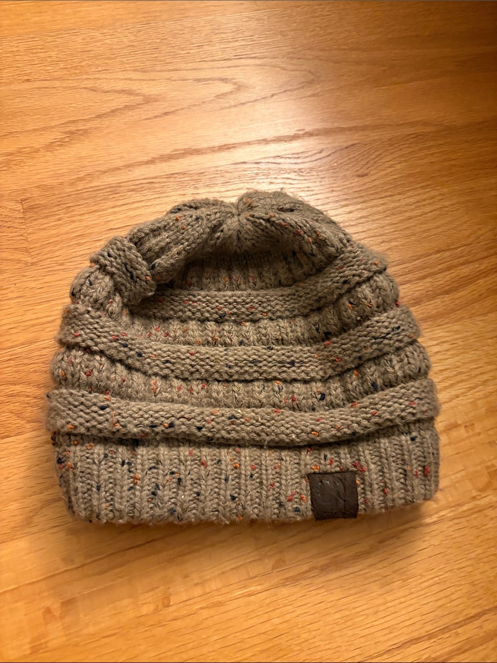Knit Beanie Hat in Taupe with Flecked Detail
